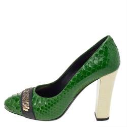Pre Owned Lanvin Green Python Leather Embellished Block Heel Pumps Size 38