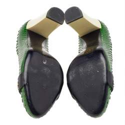 Pre Owned Lanvin Green Python Leather Embellished Block Heel Pumps Size 38