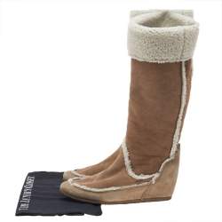 Pre Owned Lanvin Beige/Cream Suede And Shearling Fur Mid Calf Wedge Boots Size 37.5