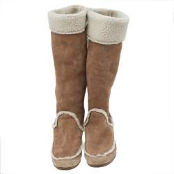 Pre Owned Lanvin Beige/Cream Suede And Shearling Fur Mid Calf Wedge Boots Size 37.5