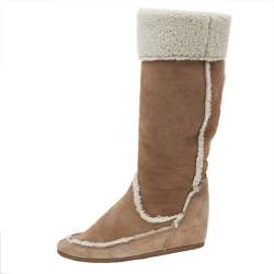 Pre Owned Lanvin Beige/Cream Suede And Shearling Fur Mid Calf Wedge Boots Size 37.5