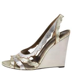 Pre Owned Lanvin Metallic Two Tone Leather Wedge Slingback Sandals Size 40