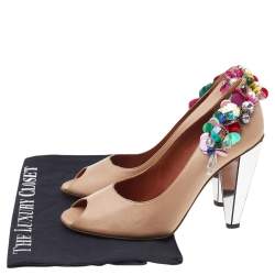 Pre Owned Lanvin Beige Leather Embellished Peep Toe Pumps Size 38