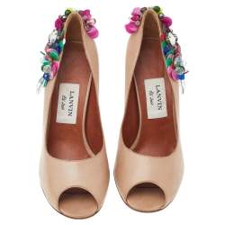 Pre Owned Lanvin Beige Leather Embellished Peep Toe Pumps Size 38