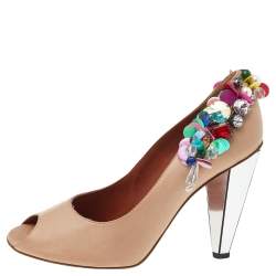 Pre Owned Lanvin Beige Leather Embellished Peep Toe Pumps Size 38