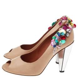 Pre Owned Lanvin Beige Leather Embellished Peep Toe Pumps Size 38