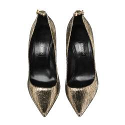Pre Owned Lanvin Metallic Gold Textured Leather Pointed Toe Pumps Size 38.5