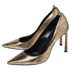 Pre Owned Lanvin Metallic Gold Textured Leather Pointed Toe Pumps Size 38.5