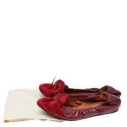 Pre Owned Lanvin Red Satin And Leather Bow Scrunch Ballet Flats Size 38