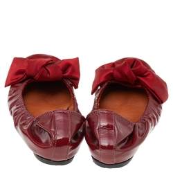 Pre Owned Lanvin Red Satin And Leather Bow Scrunch Ballet Flats Size 38
