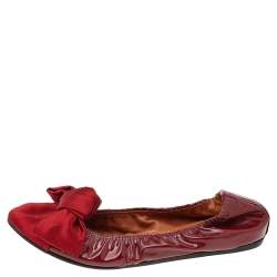 Pre Owned Lanvin Red Satin And Leather Bow Scrunch Ballet Flats Size 38