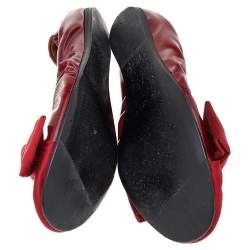 Pre Owned Lanvin Red Satin And Leather Bow Scrunch Ballet Flats Size 38