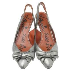 Lanvin Metallic Grey Fabric Bow Sandals Size 36