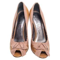 Pre Owned Lanvin Beige Patent Leather Bow Peep Toe Pumps Size 39