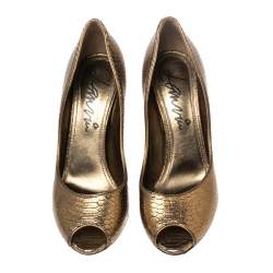Pre Owned Lanvin Gold Python Embossed Leather Peep Toe Pumps Size 38