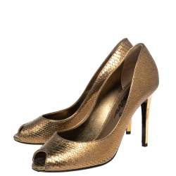 Pre Owned Lanvin Gold Python Embossed Leather Peep Toe Pumps Size 38