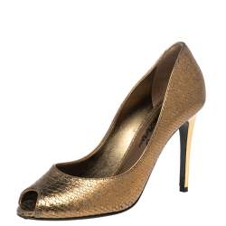 Pre Owned Lanvin Gold Python Embossed Leather Peep Toe Pumps Size 38
