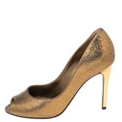 Pre Owned Lanvin Gold Python Embossed Leather Peep Toe Pumps Size 38