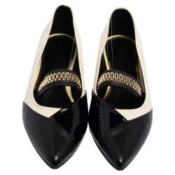 Pre Owned Lanvin Black/White Patent and Leather Flat Pointed Toe Pumps Size 39
