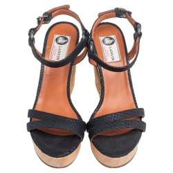 Lanvin Black Python Embossed Leather Strap Wedge Sandals Size 38.5
