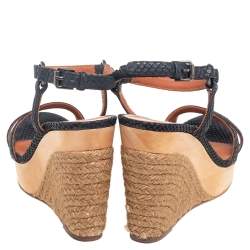 Lanvin Black Python Embossed Leather Strap Wedge Sandals Size 38.5