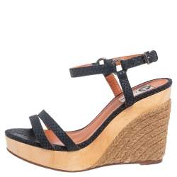 Lanvin Black Python Embossed Leather Strap Wedge Sandals Size 38.5