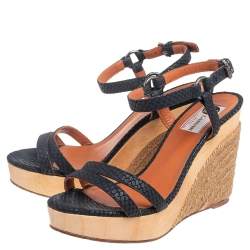 Lanvin Black Python Embossed Leather Strap Wedge Sandals Size 38.5
