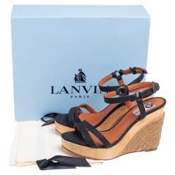 Lanvin Black Python Embossed Leather Strap Wedge Sandals Size 38.5