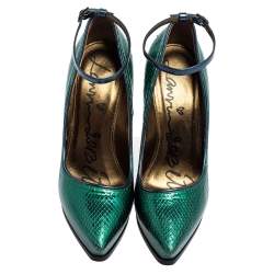 Lanvin Green/Blue Snakeskin Leather Pointed-Toe Ankle-Strap Pumps Size 38