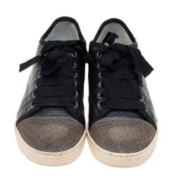 Pre Owned Lanvin Black Leather And Lurex Fabric Low Top Sneakers Size 38