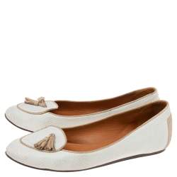 Pre Owned Lanvin White Embossed and Lizard Embossed Leather Tassel Detail Slip-on Loafers Size 37.5