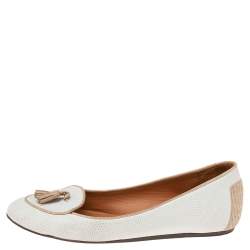 Pre Owned Lanvin White Embossed and Lizard Embossed Leather Tassel Detail Slip-on Loafers Size 37.5