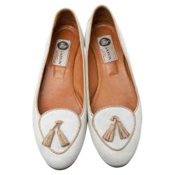 Pre Owned Lanvin White Embossed and Lizard Embossed Leather Tassel Detail Slip-on Loafers Size 37.5