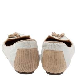 Pre Owned Lanvin White Embossed and Lizard Embossed Leather Tassel Detail Slip-on Loafers Size 37.5