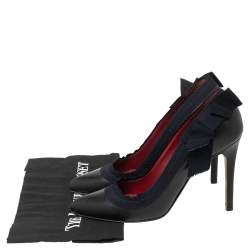 Pre Owned Lanvin Black/Navy Blue Leather and Ribbon Bow Pumps Size 38
