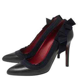 Pre Owned Lanvin Black/Navy Blue Leather and Ribbon Bow Pumps Size 38