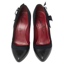 Pre Owned Lanvin Black/Navy Blue Leather and Ribbon Bow Pumps Size 38