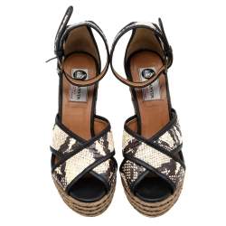 Lanvin Beige/Brown Python Embossed Leather Platform Wedge Sandals Size 37