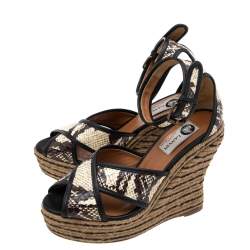 Lanvin Beige/Brown Python Embossed Leather Platform Wedge Sandals Size 37