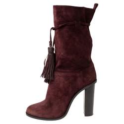Pre Owned Lanvin Burgundy Suede Tassel Mid Calf Boots Size 40