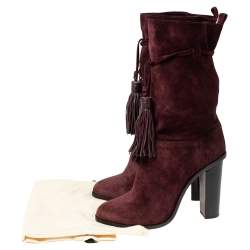 Pre Owned Lanvin Burgundy Suede Tassel Mid Calf Boots Size 40