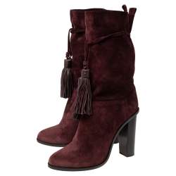 Pre Owned Lanvin Burgundy Suede Tassel Mid Calf Boots Size 40
