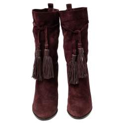 Pre Owned Lanvin Burgundy Suede Tassel Mid Calf Boots Size 40