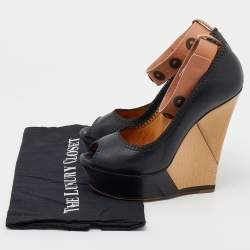Pre Owned Lanvin Black/Beige Leather Wedge Platform Ankle Cuff Pumps Size 39