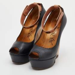 Pre Owned Lanvin Black/Beige Leather Wedge Platform Ankle Cuff Pumps Size 39