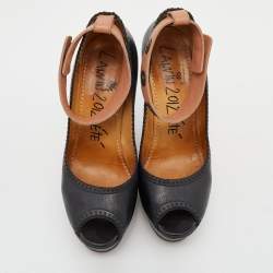 Pre Owned Lanvin Black/Beige Leather Wedge Platform Ankle Cuff Pumps Size 39