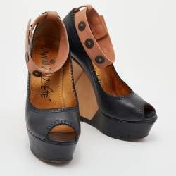 Pre Owned Lanvin Black/Beige Leather Wedge Platform Ankle Cuff Pumps Size 39