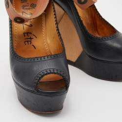 Pre Owned Lanvin Black/Beige Leather Wedge Platform Ankle Cuff Pumps Size 39