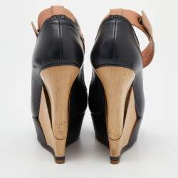 Pre Owned Lanvin Black/Beige Leather Wedge Platform Ankle Cuff Pumps Size 39