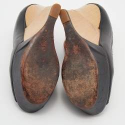 Pre Owned Lanvin Black/Beige Leather Wedge Platform Ankle Cuff Pumps Size 39